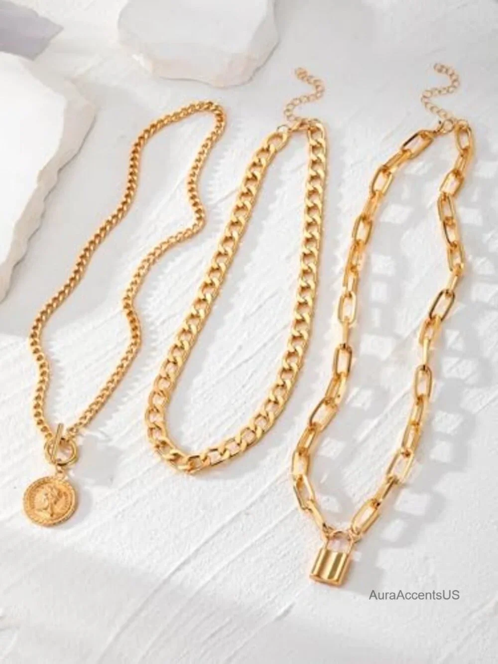 Layered Necklace Set for Women Chunky Gold Tone Coin Pendant Chain Necklace